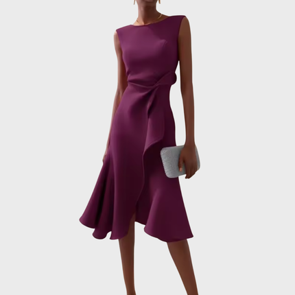 Women's Sleeveless Midi Dress with Side Knot and Ruffle Hem