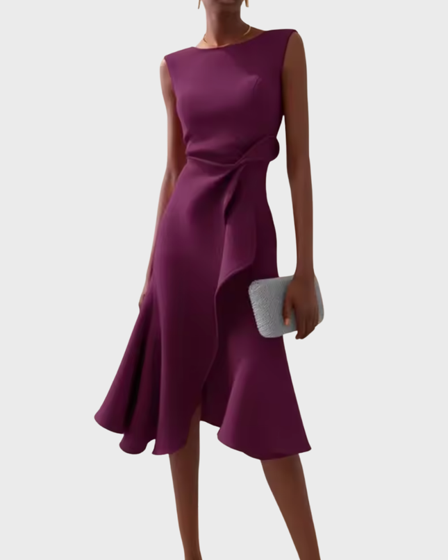 Women's Sleeveless Midi Dress with Side Knot and Ruffle Hem