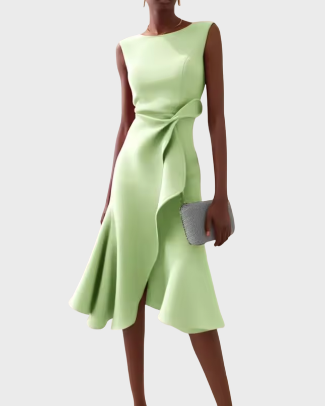 Women's Sleeveless Midi Dress with Side Knot and Ruffle Hem