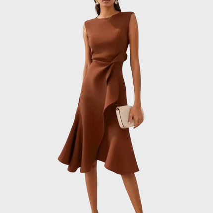Women's Sleeveless Midi Dress with Side Knot and Ruffle Hem