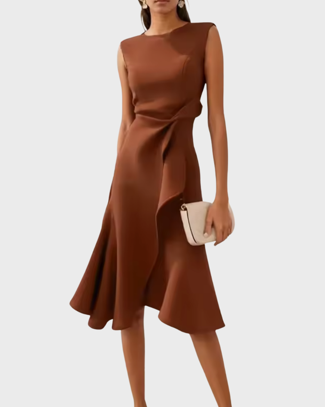Women's Sleeveless Midi Dress with Side Knot and Ruffle Hem