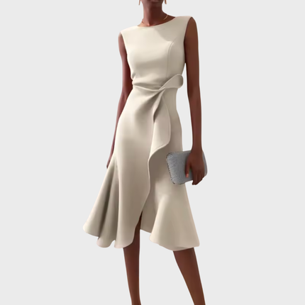 Women's Sleeveless Midi Dress with Side Knot and Ruffle Hem