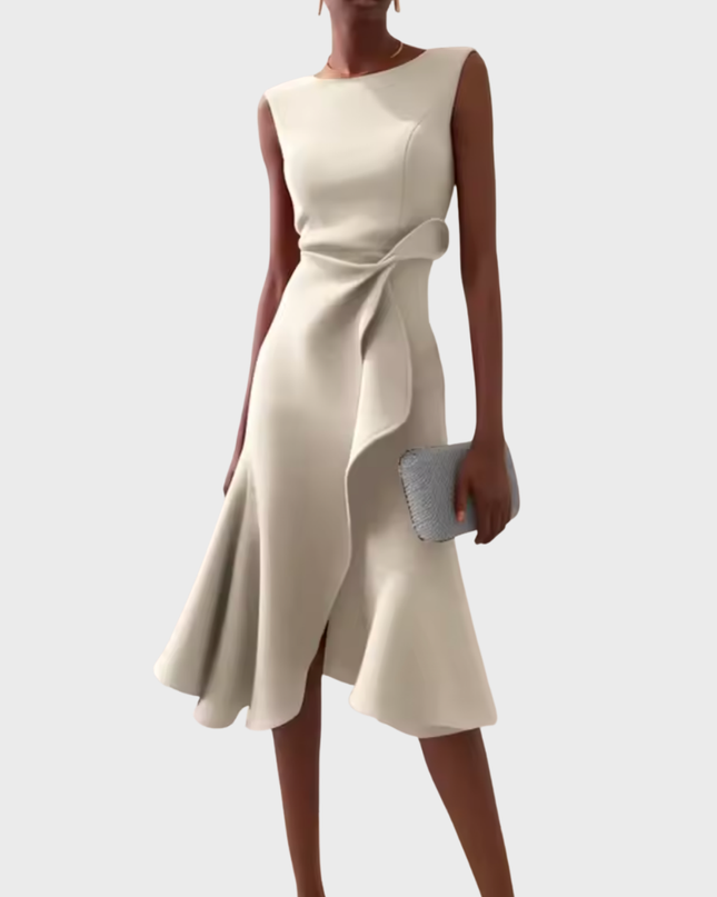Women's Sleeveless Midi Dress with Side Knot and Ruffle Hem