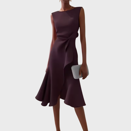 Women's Sleeveless Midi Dress with Side Knot and Ruffle Hem