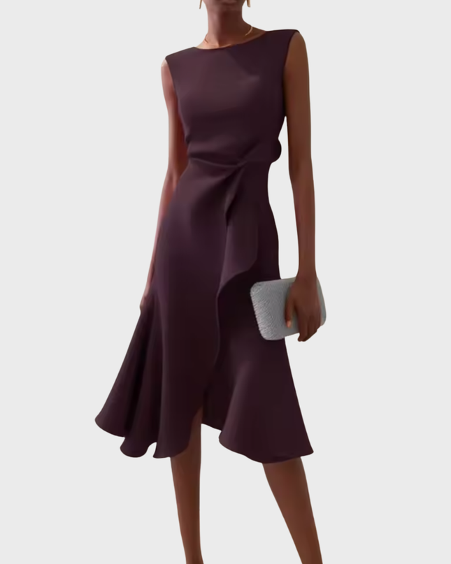 Women's Sleeveless Midi Dress with Side Knot and Ruffle Hem