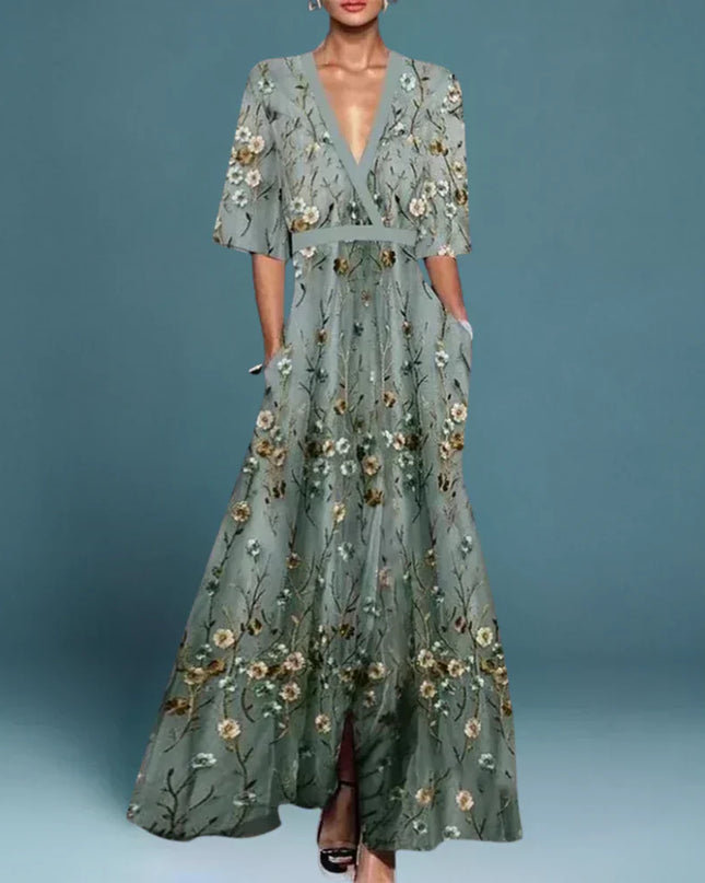 Women's Floral Embroidered Mesh Maxi Dress with Flutter Sleeves