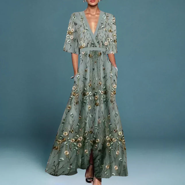 Women's Floral Embroidered Mesh Maxi Dress with Flutter Sleeves