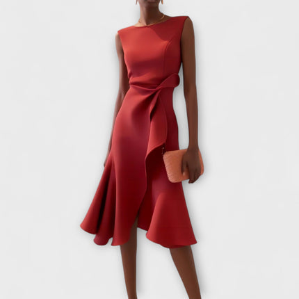 Women's Sleeveless Midi Dress with Side Knot and Ruffle Hem
