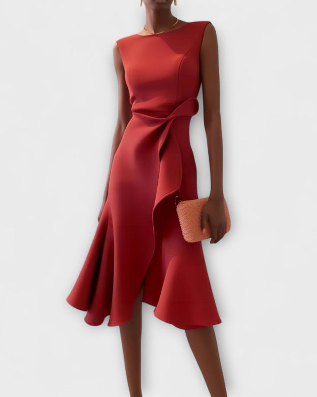 Women's Sleeveless Midi Dress with Side Knot and Ruffle Hem