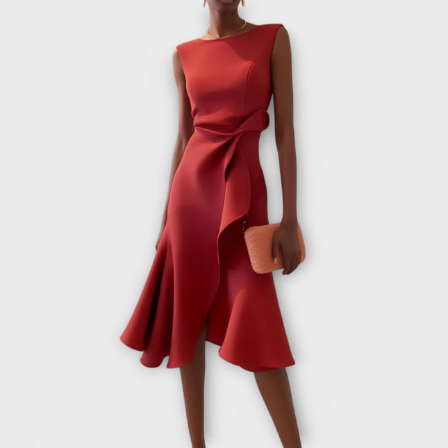 Women's Sleeveless Midi Dress with Side Knot and Ruffle Hem