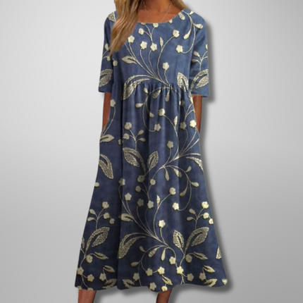 Women's Floral Print Midi Dress with Gathered Waist