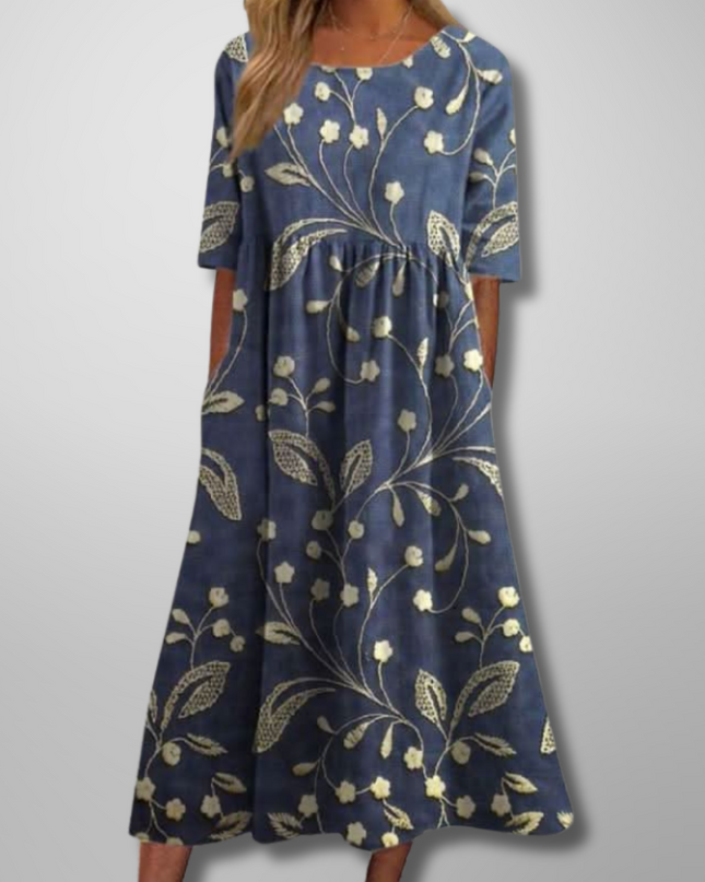 Women's Floral Print Midi Dress with Gathered Waist