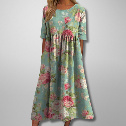 Women's Floral Print Midi Dress with Gathered Waist