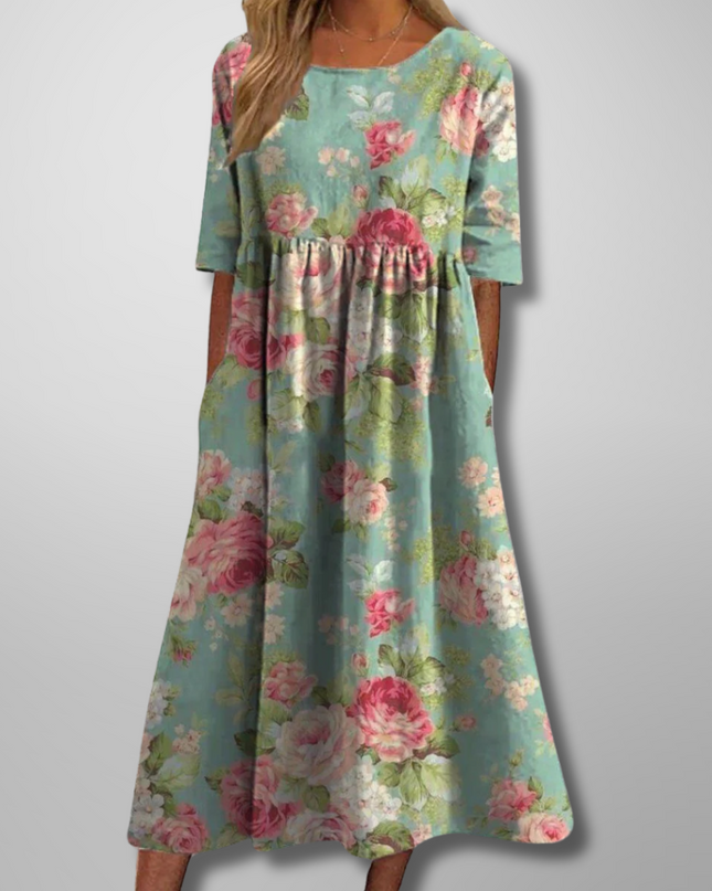 Women's Floral Print Midi Dress with Gathered Waist