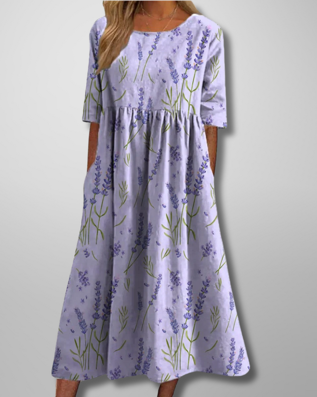Women's Floral Print Midi Dress with Gathered Waist