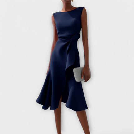 Women's Sleeveless Midi Dress with Side Knot and Ruffle Hem