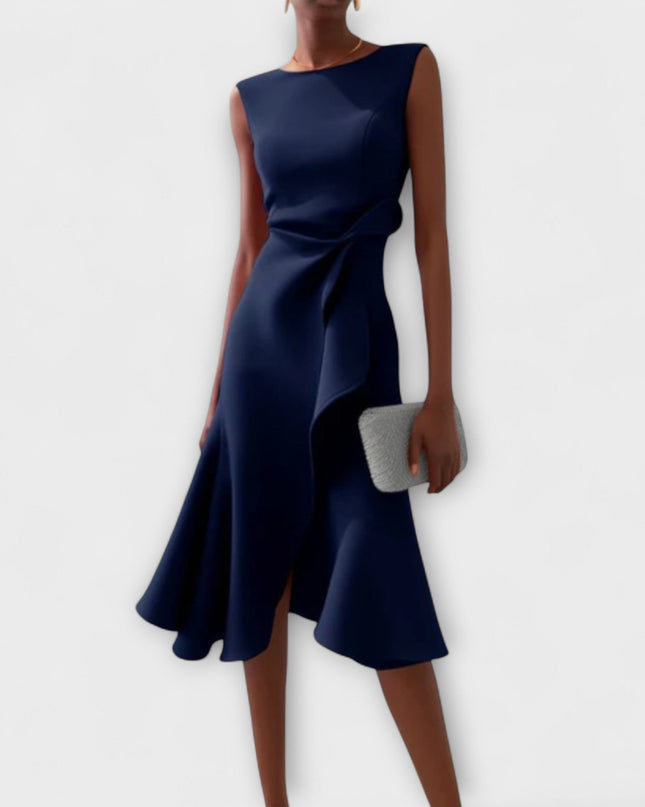 Women's Sleeveless Midi Dress with Side Knot and Ruffle Hem
