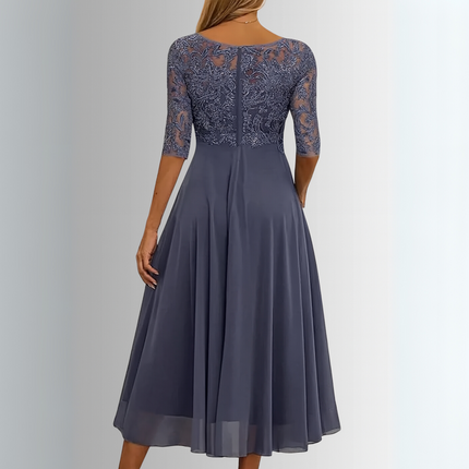 Women's Lace Bodice Chiffon Midi Dress with Layered Skirt