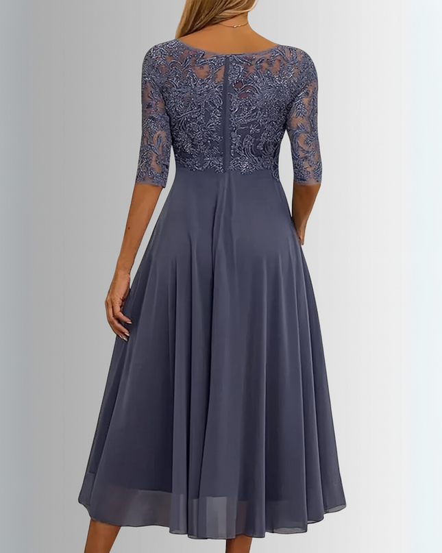 Women's Lace Bodice Chiffon Midi Dress with Layered Skirt