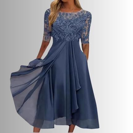 Women's Lace Bodice Chiffon Midi Dress with Layered Skirt