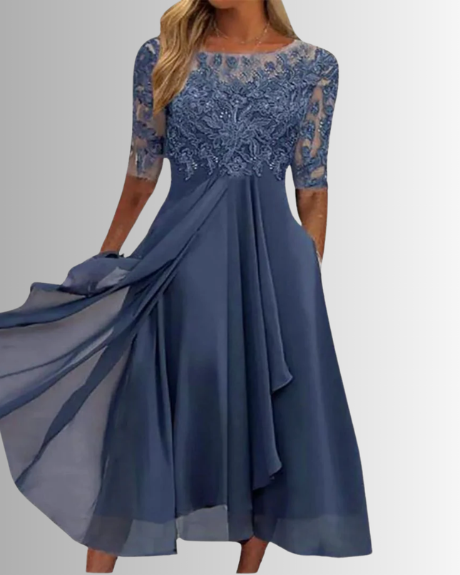 Women's Lace Bodice Chiffon Midi Dress with Layered Skirt