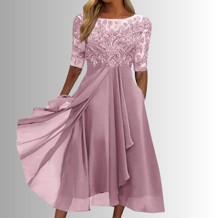Women's Lace Bodice Chiffon Midi Dress with Layered Skirt