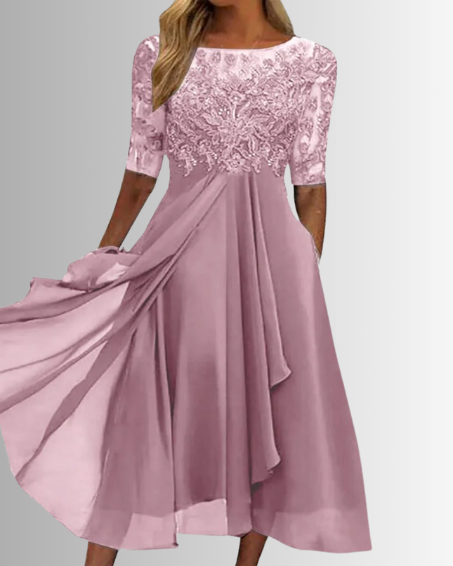 Women's Lace Bodice Chiffon Midi Dress with Layered Skirt