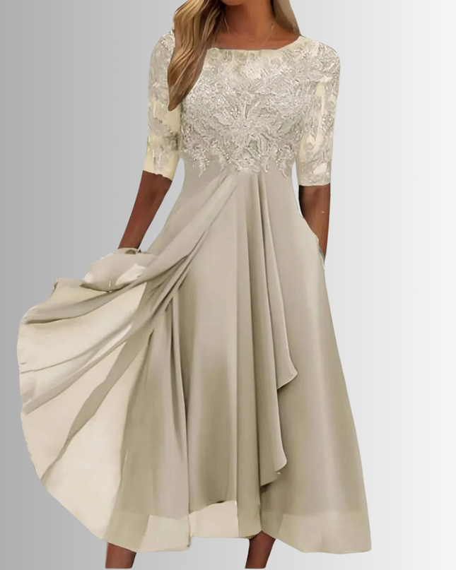 Women's Lace Bodice Chiffon Midi Dress with Layered Skirt
