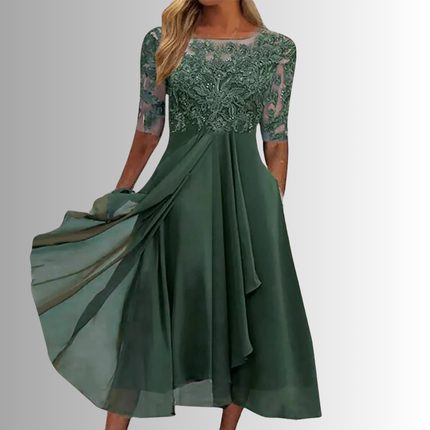 Women's Lace Bodice Chiffon Midi Dress with Layered Skirt