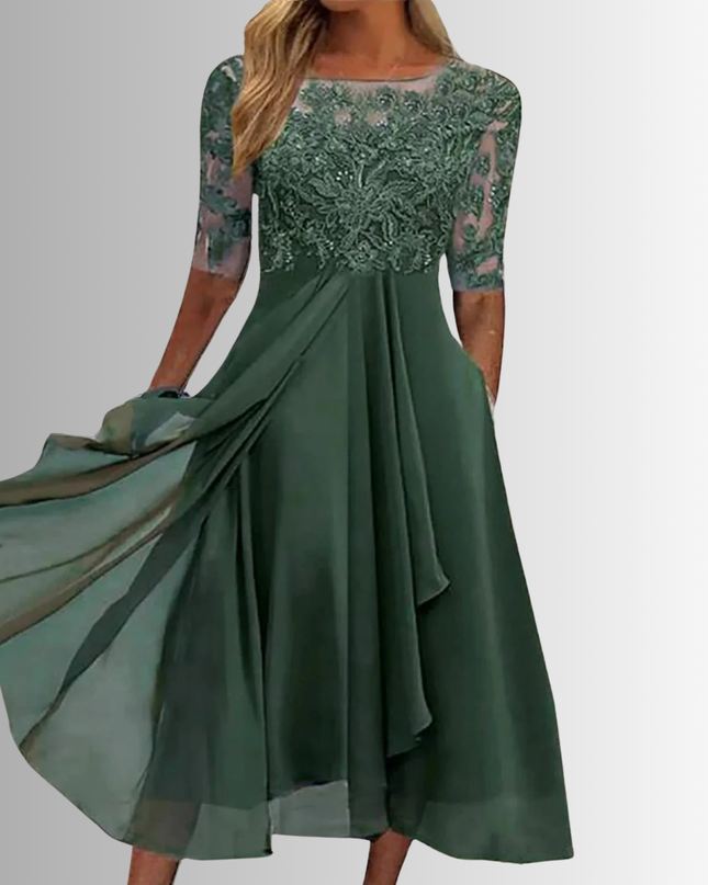 Women's Lace Bodice Chiffon Midi Dress with Layered Skirt