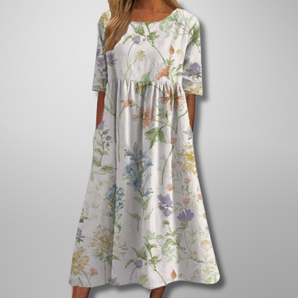 Women's Floral Print Midi Dress with Gathered Waist