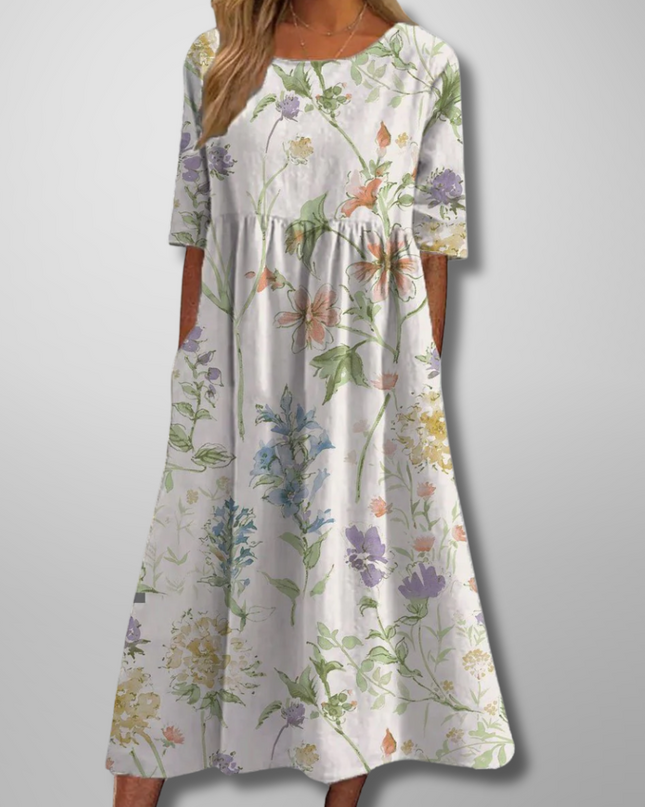 Women's Floral Print Midi Dress with Gathered Waist