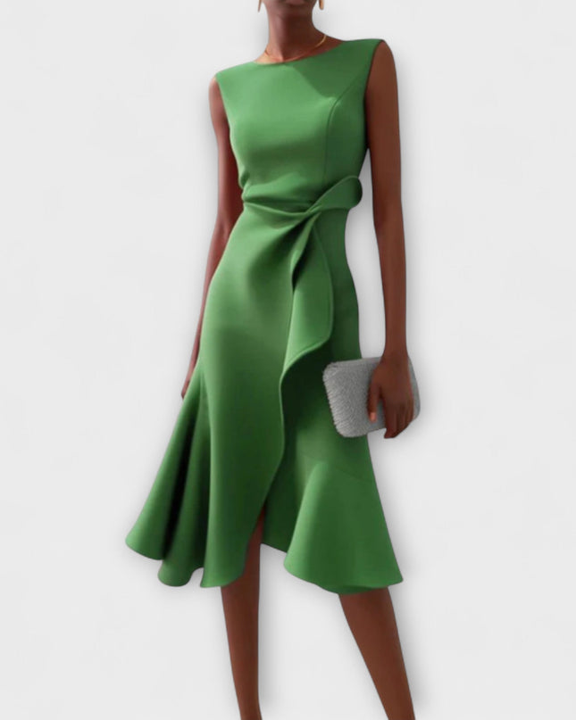 Women's Sleeveless Midi Dress with Side Knot and Ruffle Hem