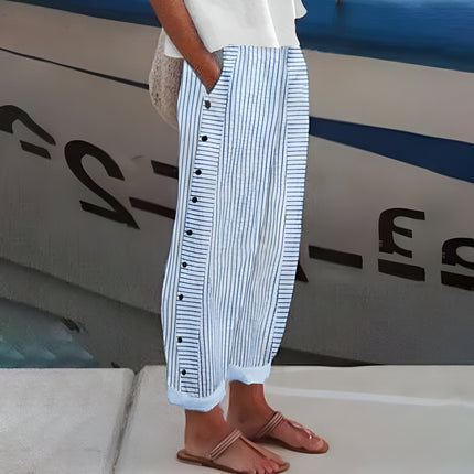 Women's Striped Cropped Trousers with Side Button Trim