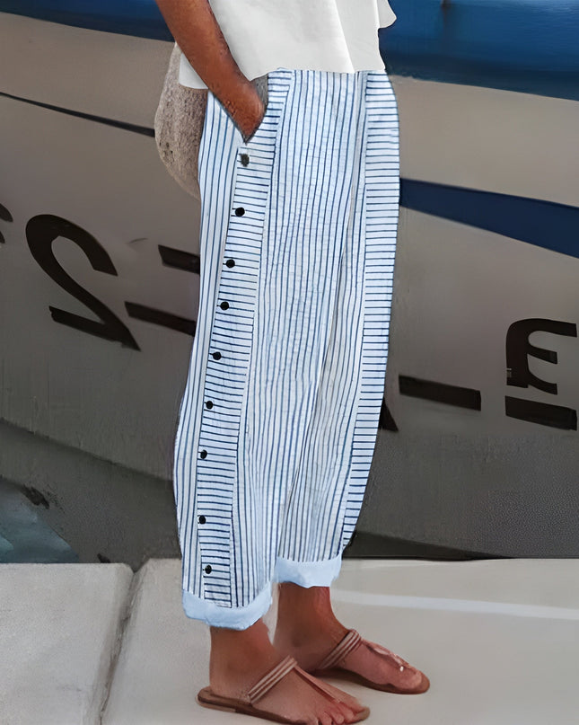 Women's Striped Cropped Trousers with Side Button Trim