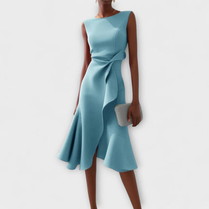 Women's Sleeveless Midi Dress with Side Knot and Ruffle Hem