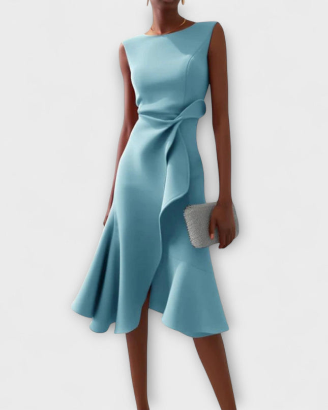 Women's Sleeveless Midi Dress with Side Knot and Ruffle Hem