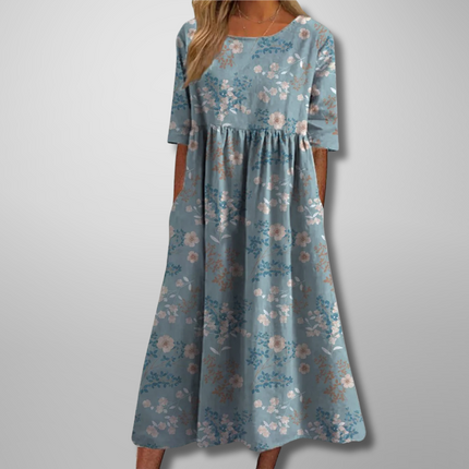 Women's Floral Print Midi Dress with Gathered Waist