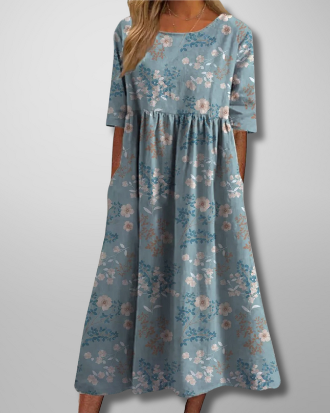 Women's Floral Print Midi Dress with Gathered Waist