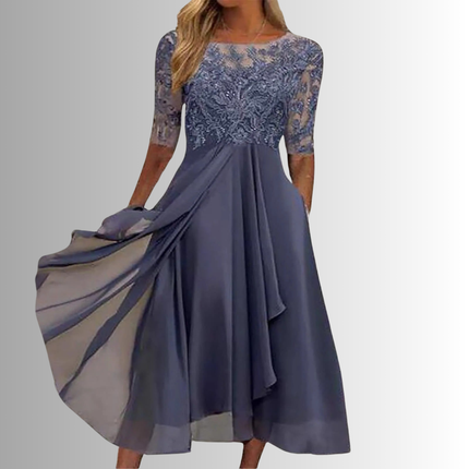 Women's Lace Bodice Chiffon Midi Dress with Layered Skirt