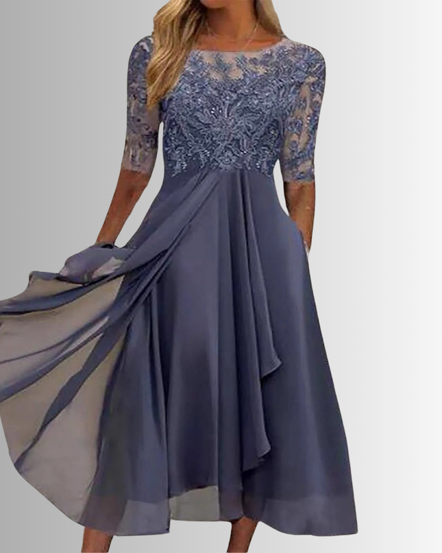 Women's Lace Bodice Chiffon Midi Dress with Layered Skirt