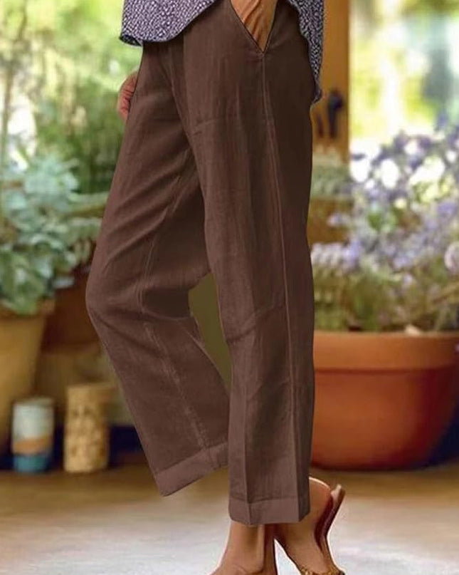 Women's Cropped Linen-Look Trousers with Cuffed Hem