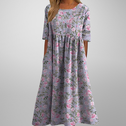 Women's Floral Print Midi Dress with Gathered Waist