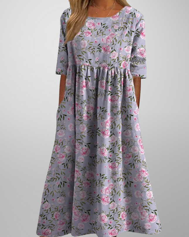 Women's Floral Print Midi Dress with Gathered Waist