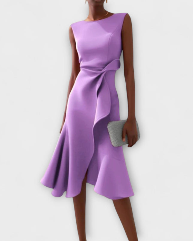 Women's Sleeveless Midi Dress with Side Knot and Ruffle Hem