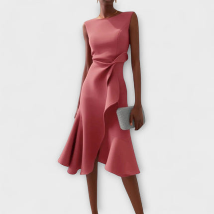 Women's Sleeveless Midi Dress with Side Knot and Ruffle Hem