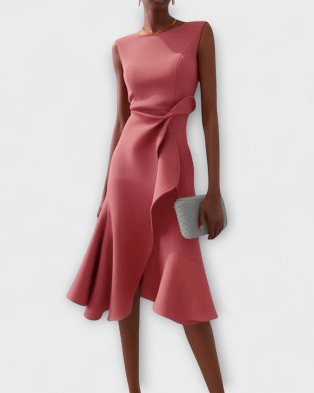 Women's Sleeveless Midi Dress with Side Knot and Ruffle Hem
