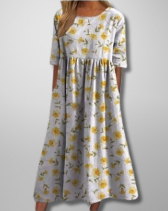Women's Floral Print Midi Dress with Gathered Waist