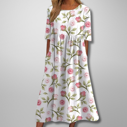 Women's Floral Print Midi Dress with Gathered Waist