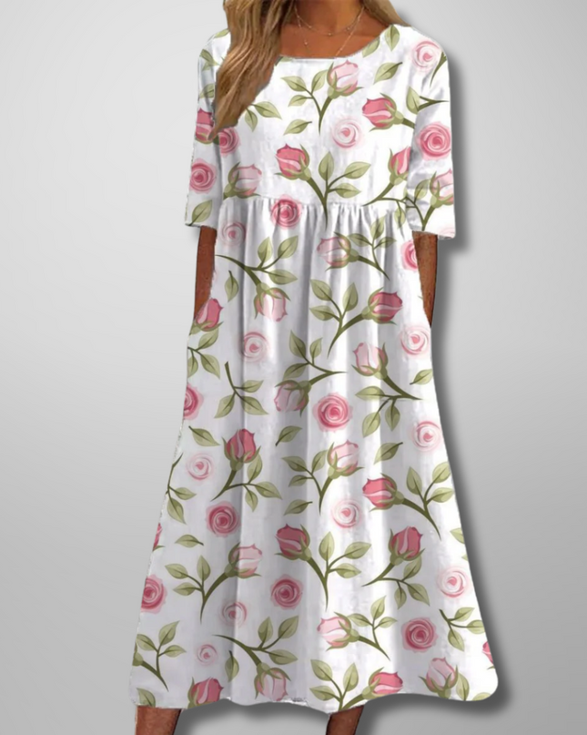 Women's Floral Print Midi Dress with Gathered Waist